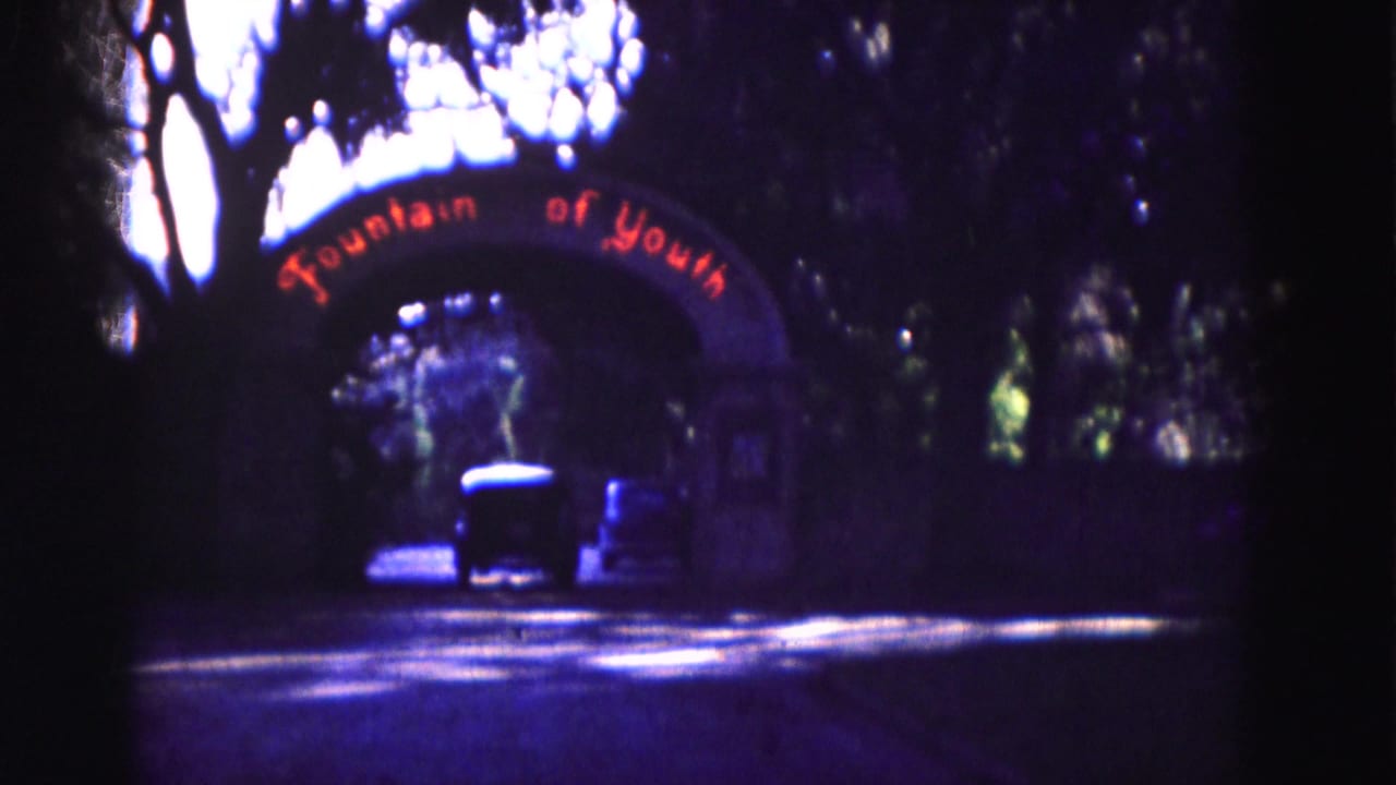 Dark 8mm frame from the Florida travel clip showing a tree-shaded archway sign reading Fountain of Youth.