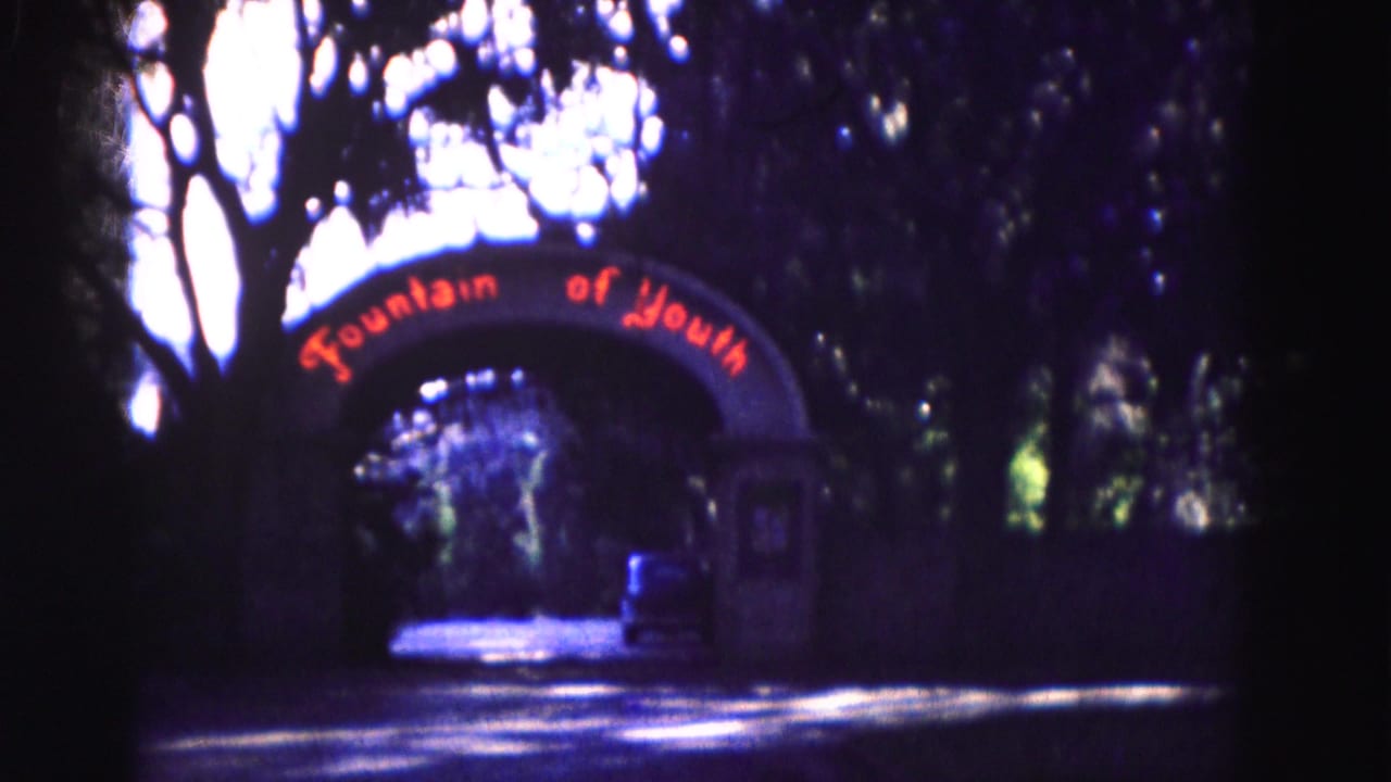 Soft 1975 8mm frame of the Fountain of Youth arch over a shaded Florida entrance road, with trees and bright sky above.