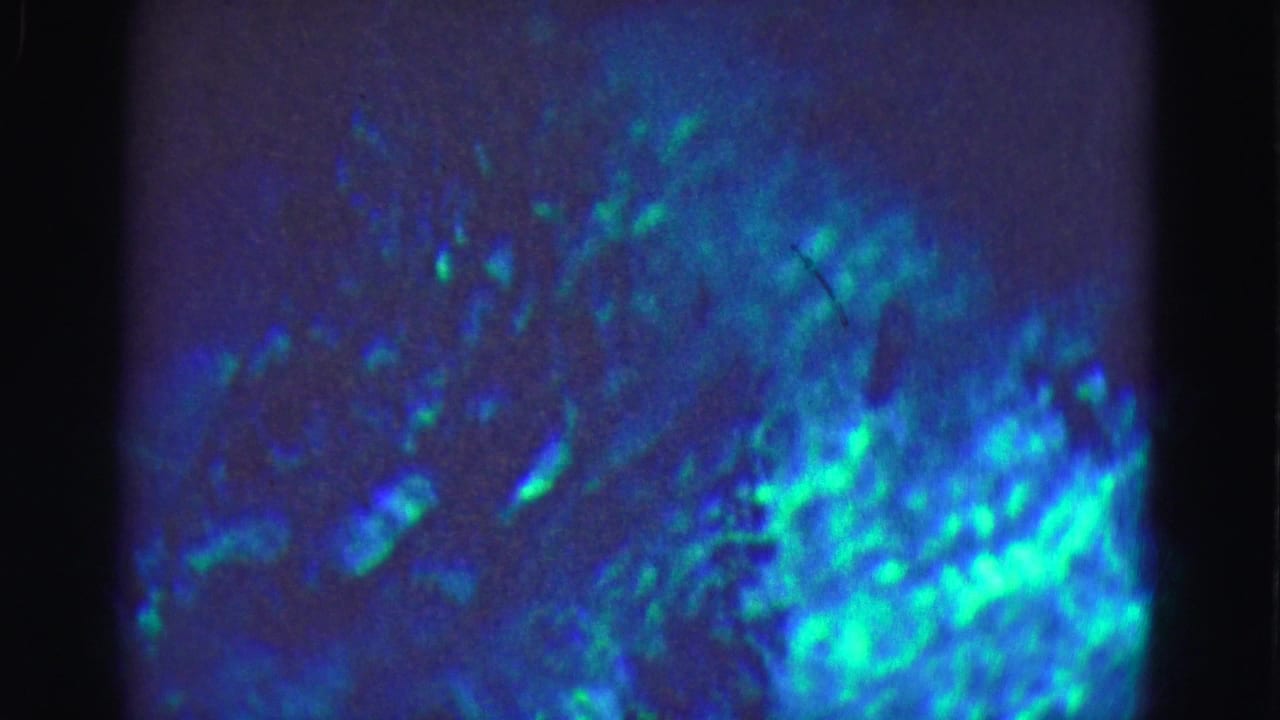1975 8mm Florida Everglades footage showing soft blue-green underwater patterns with grain, uneven exposure, and film gate edges.