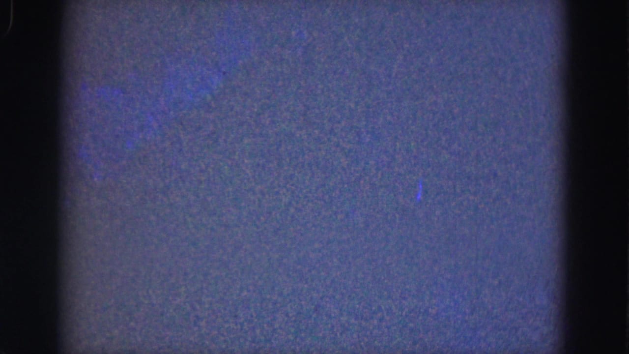 1975 Florida Everglades underwater frame with faint blue aquatic traces and pronounced 8mm grain.