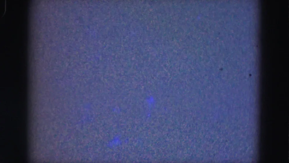 1975 Everglades 8mm frame showing a mostly gray-purple grain field with faint blue patches, dark edge borders, and soft exposure.
