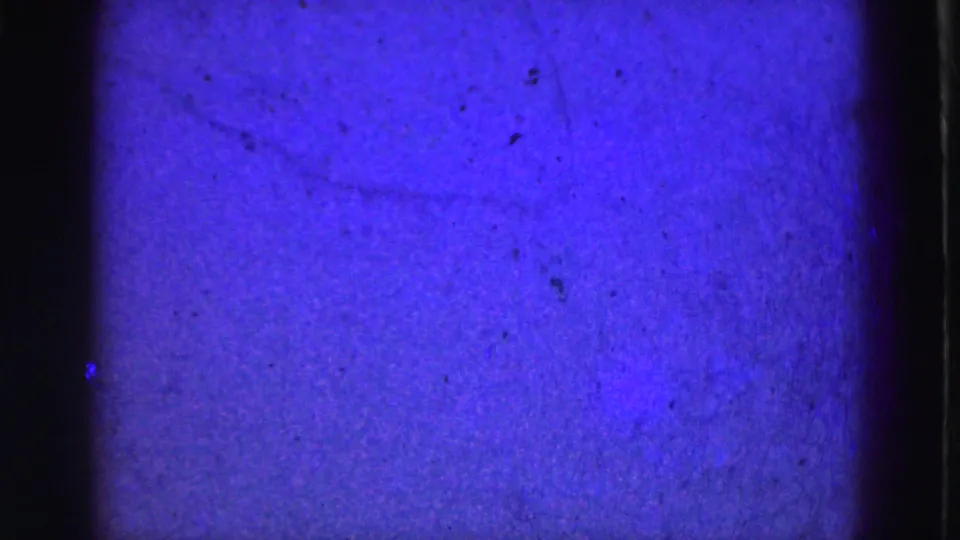 1975 Florida Everglades home-movie still with bright blue tint, heavy grain, dark frame edges, and scattered marks in the water-like field.