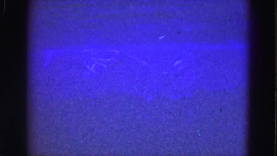 1975 8mm Florida Everglades footage showing a blue underwater view with grain, faint streaks, and visible film-frame edges.