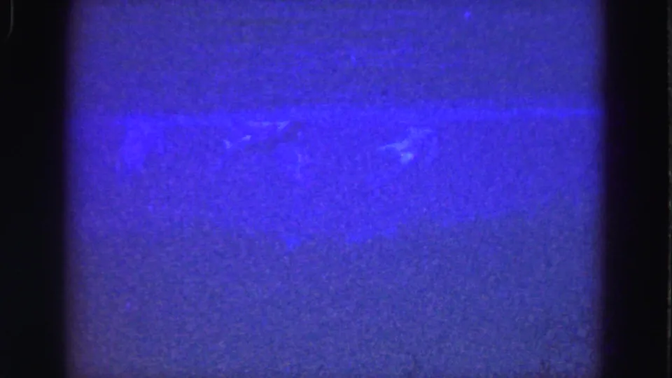 Blue-toned 8mm underwater frame from the Florida Everglades reel, with faint light streaks and dark film edges.