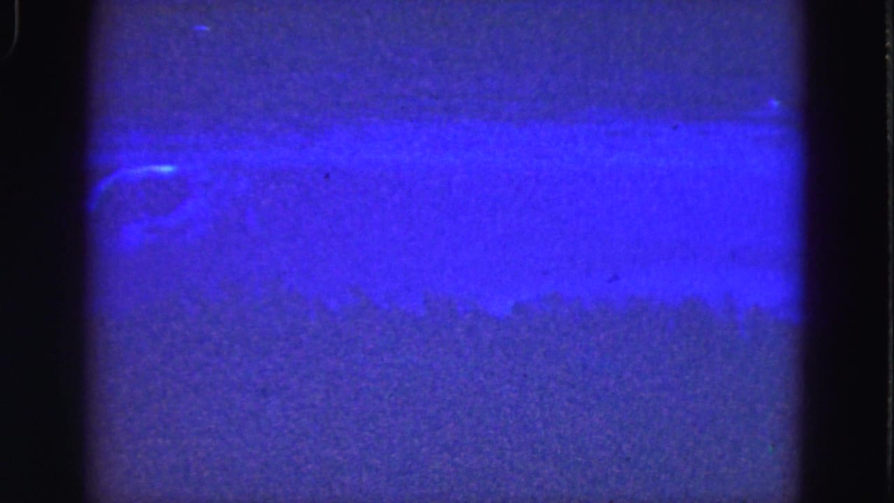 1975 Florida Everglades 8mm frame dominated by blue-purple exposure, grain, and dark film-gate edges, with no identifiable subject visible.