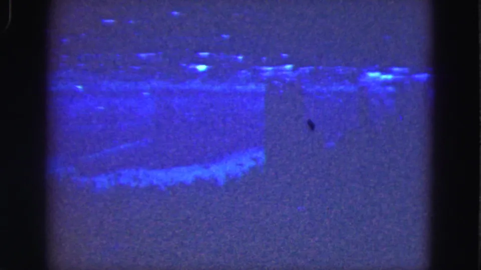 1975 Florida Everglades 8mm frame showing blue-purple exposure bands, flickering highlights, grain, and gate edges with no identifiable figures.