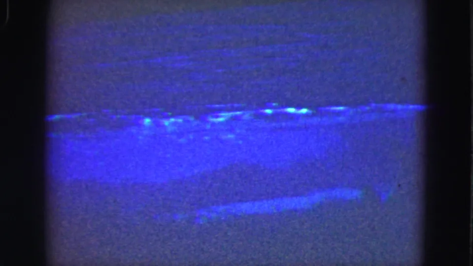 Low-light 8mm frame from the Florida Everglades showing blue-toned water or shoreline with small bright reflections near the top edge.