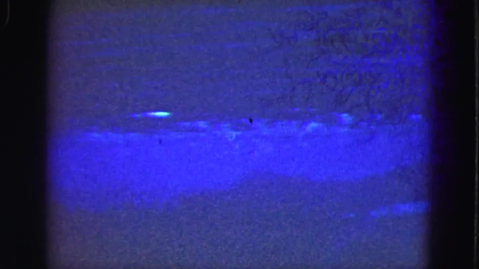 1975 8mm Everglades night frame with a broad blue light band across dark water and pronounced film grain.