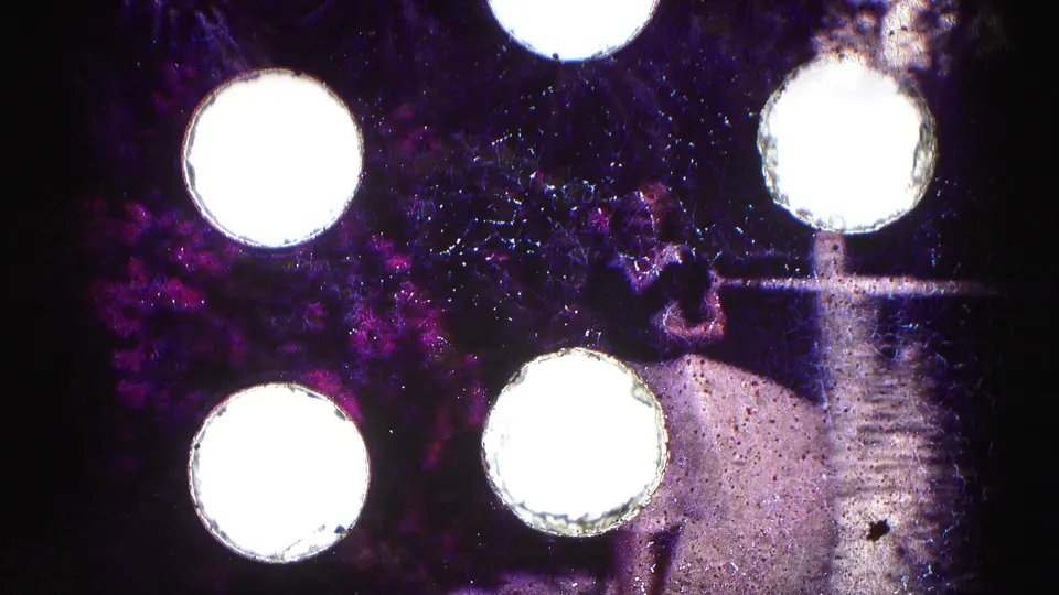1975 Florida Everglades home-movie frame with canal water and vegetation partly covered by bright circular exposure artifacts on the film.