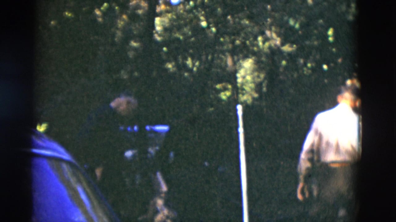 1975 Somerset, Kentucky 8mm frame showing a figure near a dark vehicle among trees in low light.