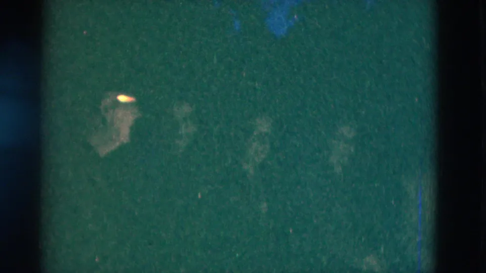 1975 8mm frame from Somerset, Kentucky with low-light green cast and faint adult faces barely visible in darkness.