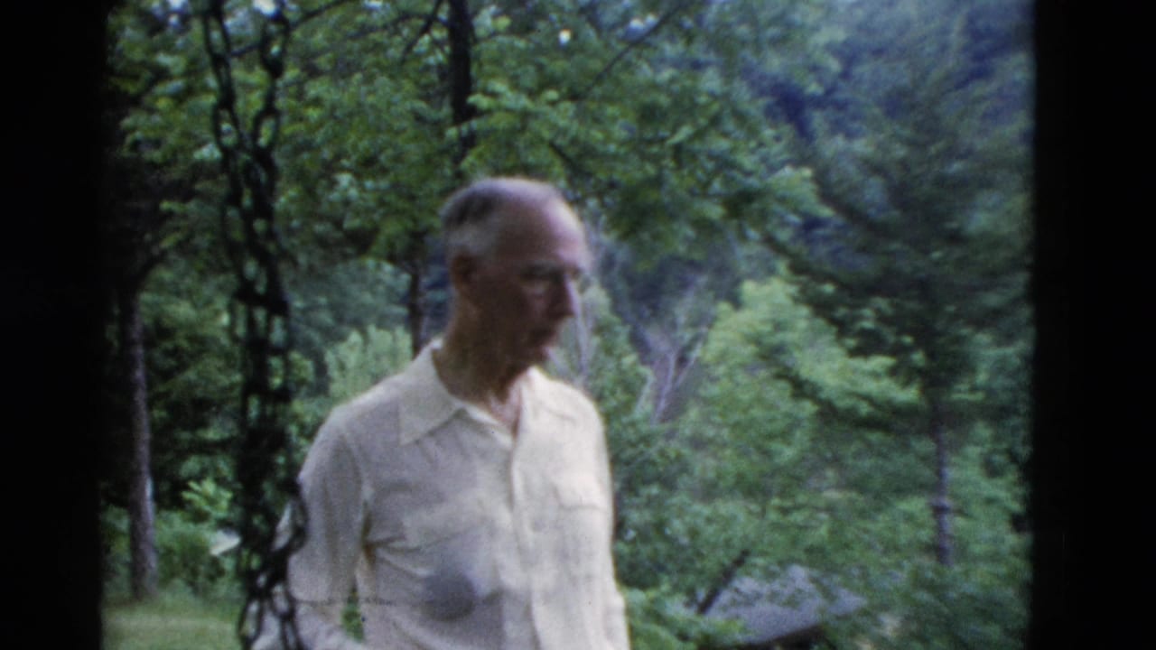 An older man in a pale shirt stands near a swing chain among trees in Somerset, Kentucky reunion footage from 1975.
