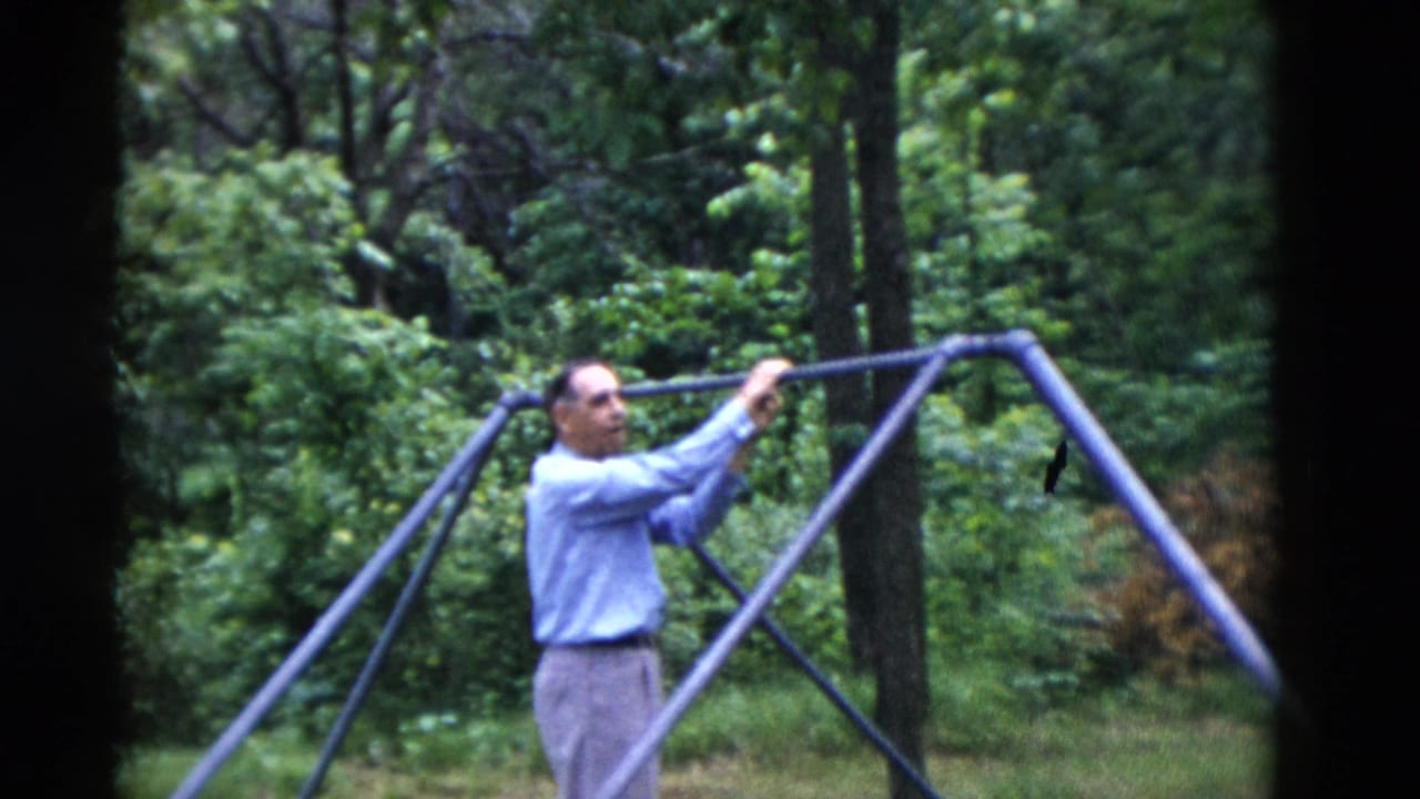 In 1975 Somerset, Kentucky, an older man in a blue dress shirt and gray trousers reaches toward a purple metal swing-set bar in a green backyard.