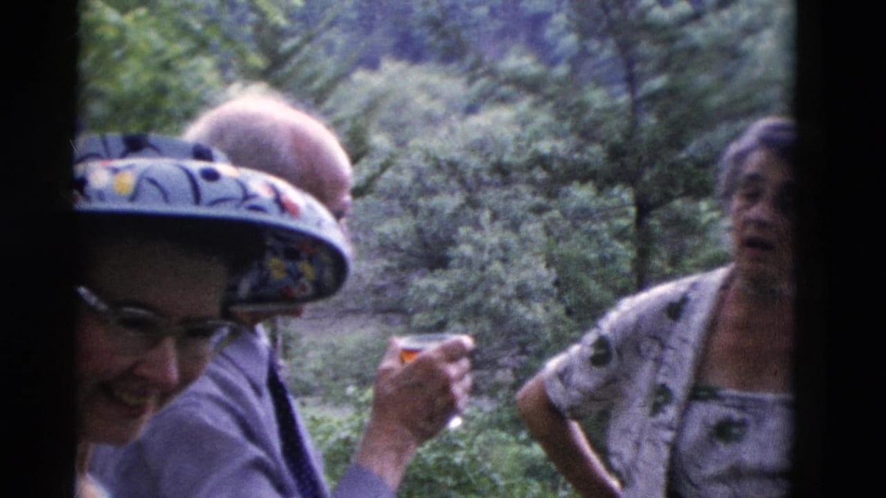A woman in a decorated hat and glasses stands near other adults outdoors.