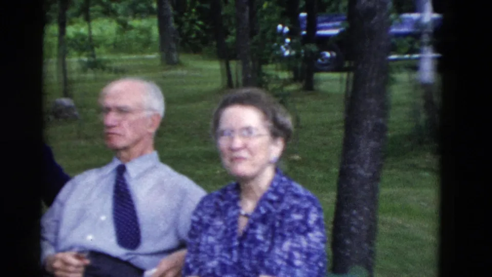 The picnic scene shows an older man and woman seated together in a grassy Somerset, Kentucky park, with trees and a dark car in the background.
