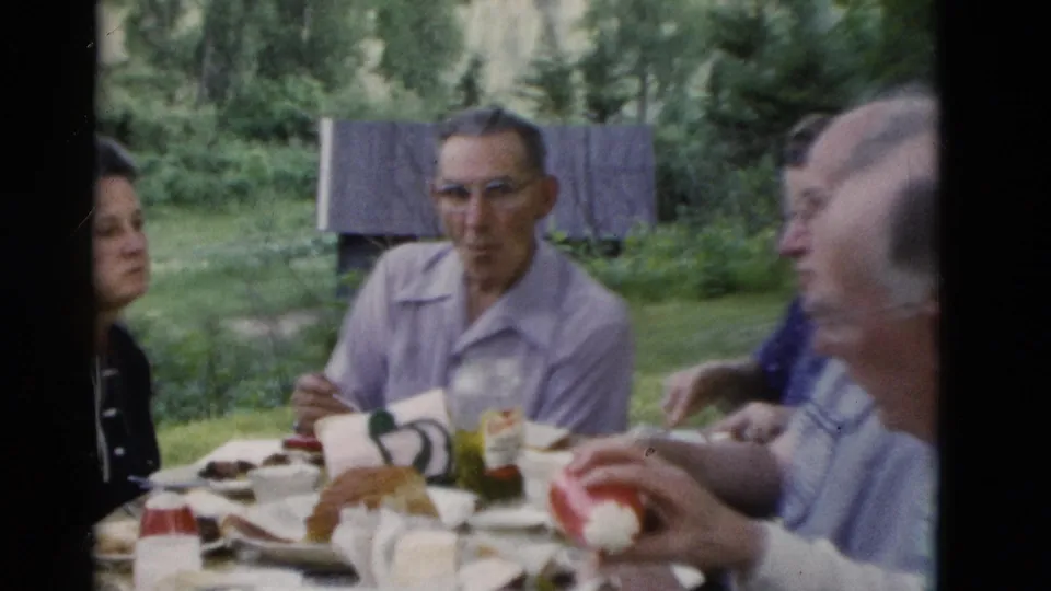 The final frame shows older adults at an outdoor table in Somerset, Kentucky, with food, drinks, and trees in the background.