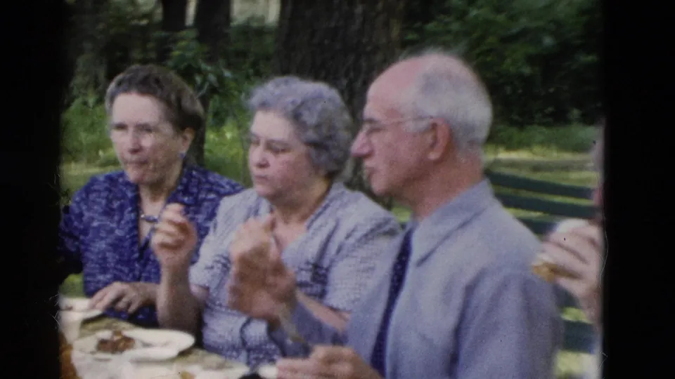 Three older adults at a 1975 Somerset, Kentucky picnic, seated beside a large tree with plates and cups on the table.
