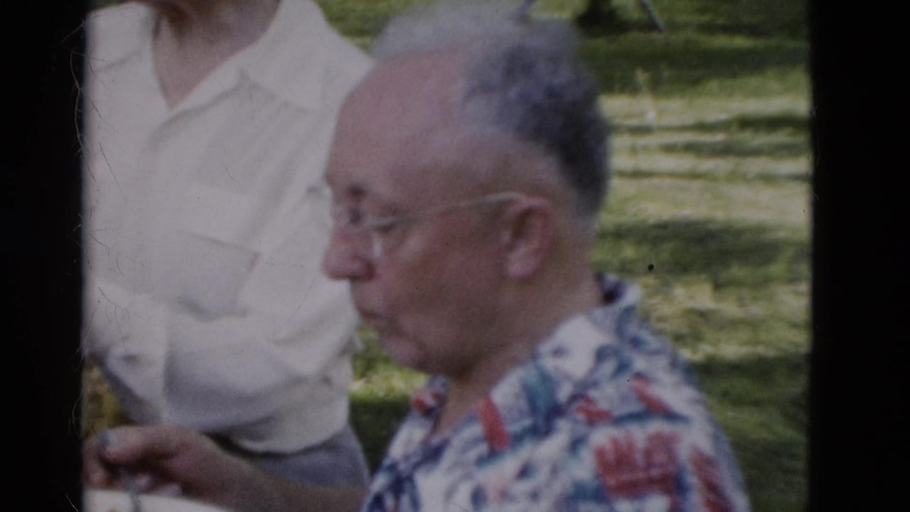 1975 Somerset, Kentucky 8mm frame with an older man in glasses and a colorful floral shirt standing in profile in a park-like setting.