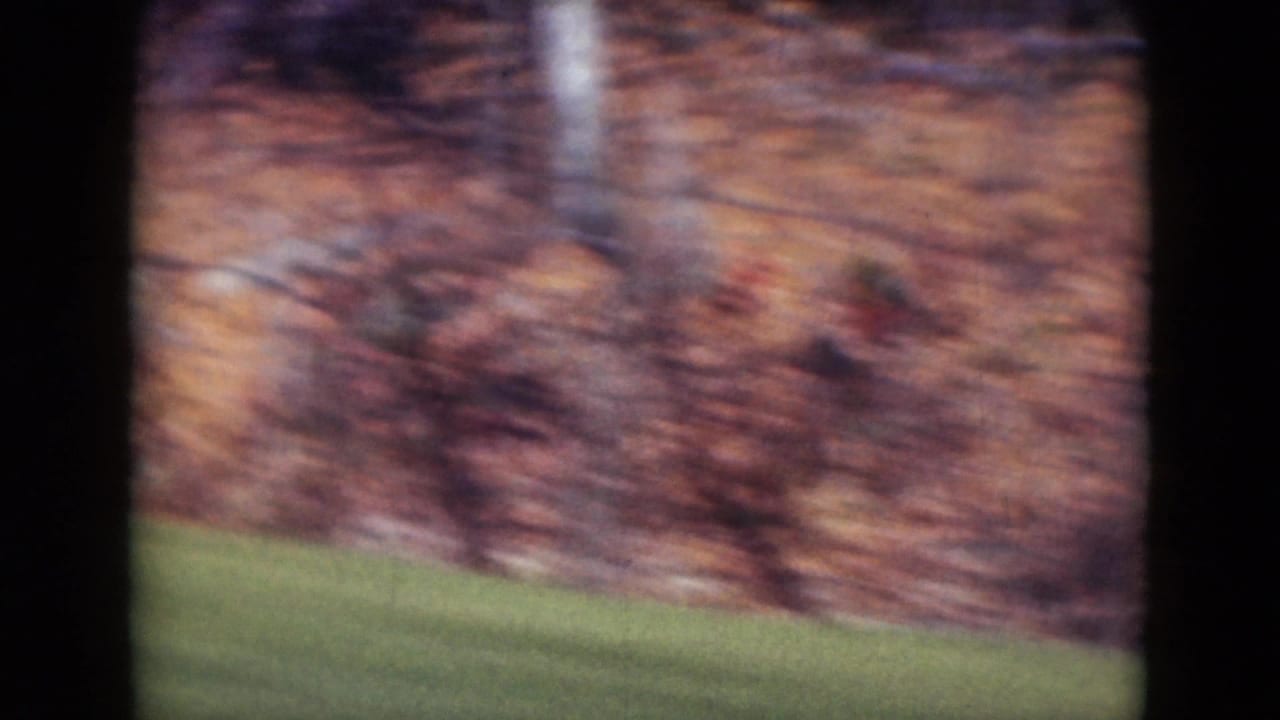 1975 8mm view near Middletown, Pennsylvania, with autumn-toned trees and grass blurred by motion from a moving vehicle.