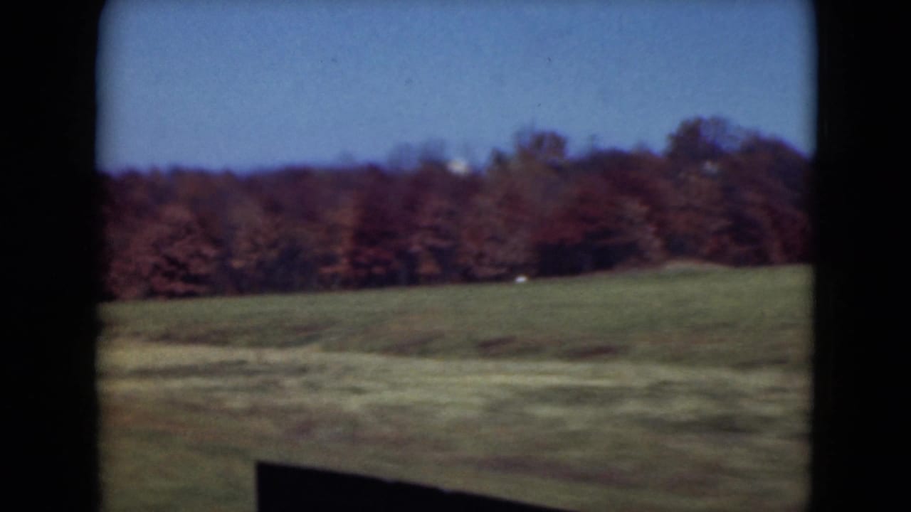 Grassy field and autumn tree line seen from a moving vehicle with dark film borders.