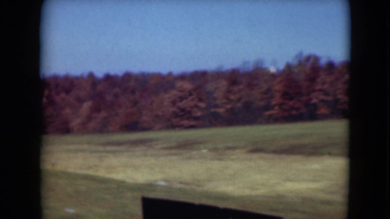 Open field and distant forest under blue sky, framed by dark film edges.