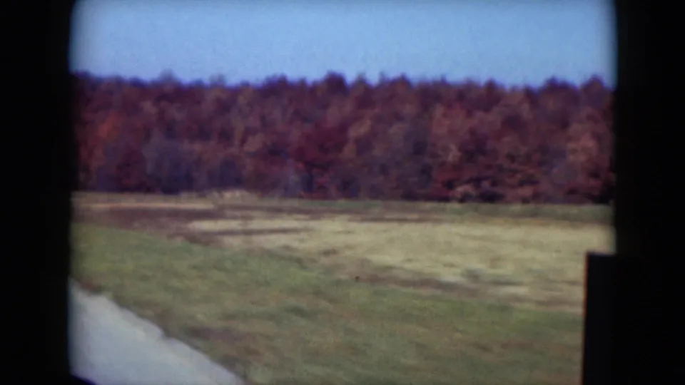 1975 8mm rural Middletown view with grass, a pale road or track edge, autumn trees, and the dark edge of a truck bed.