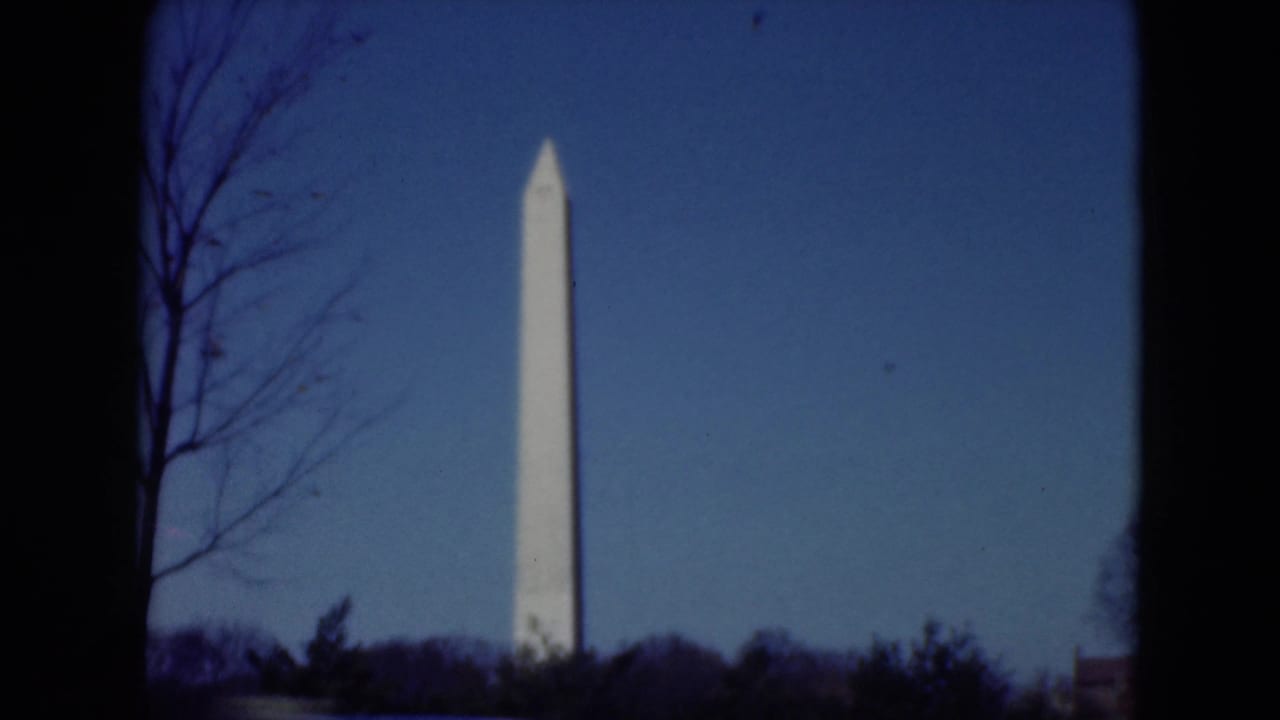 Tall white obelisk behind bare branches and dark foreground framing.