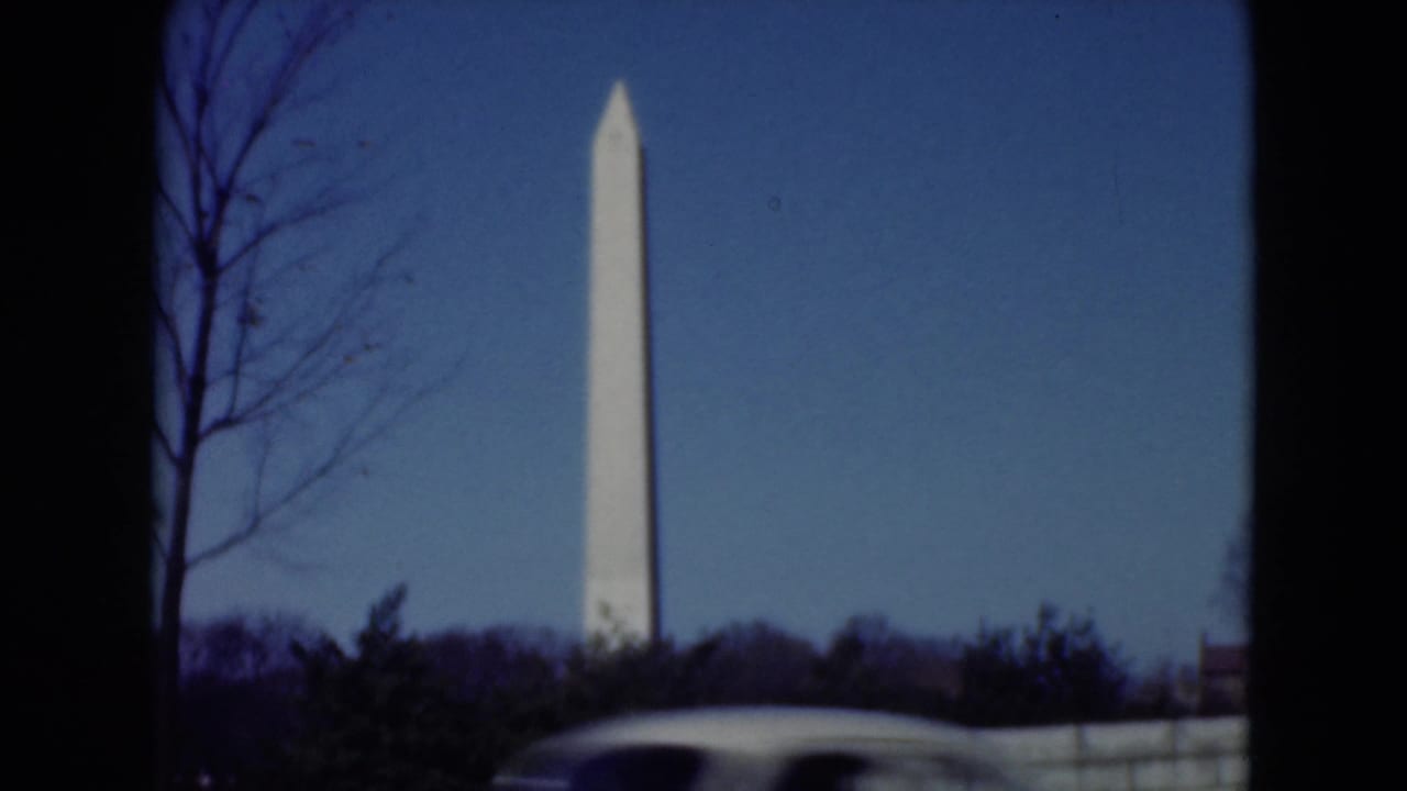 White obelisk beyond trees with a car passing along the lower edge.