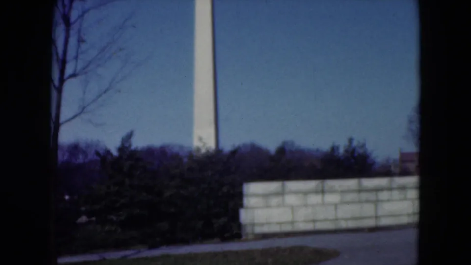 A distant white obelisk is seen above shrubs and a low stone wall, with bare branches at the side of the 8mm frame.