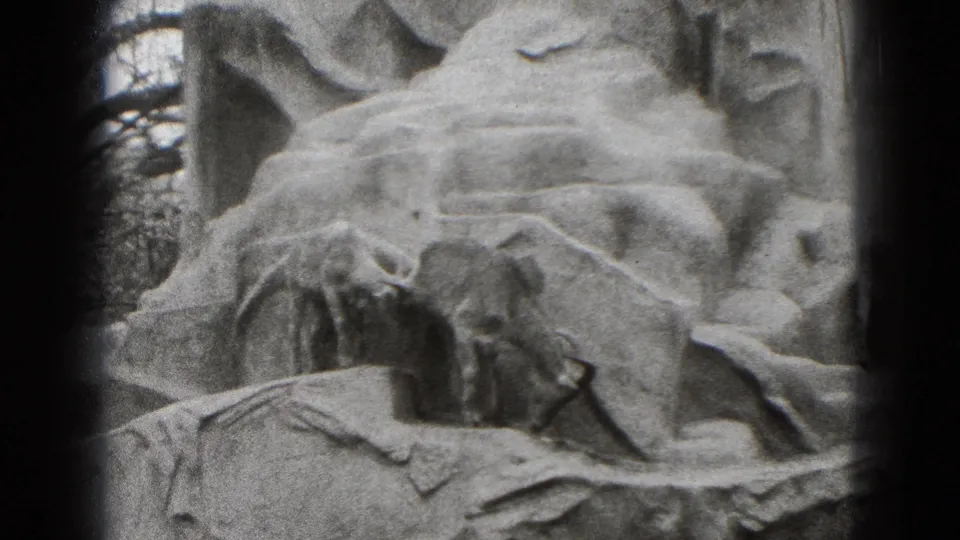 Goat in a rocky artificial habitat within a fenced animal exhibit in 1975 Middletown, Pennsylvania footage.
