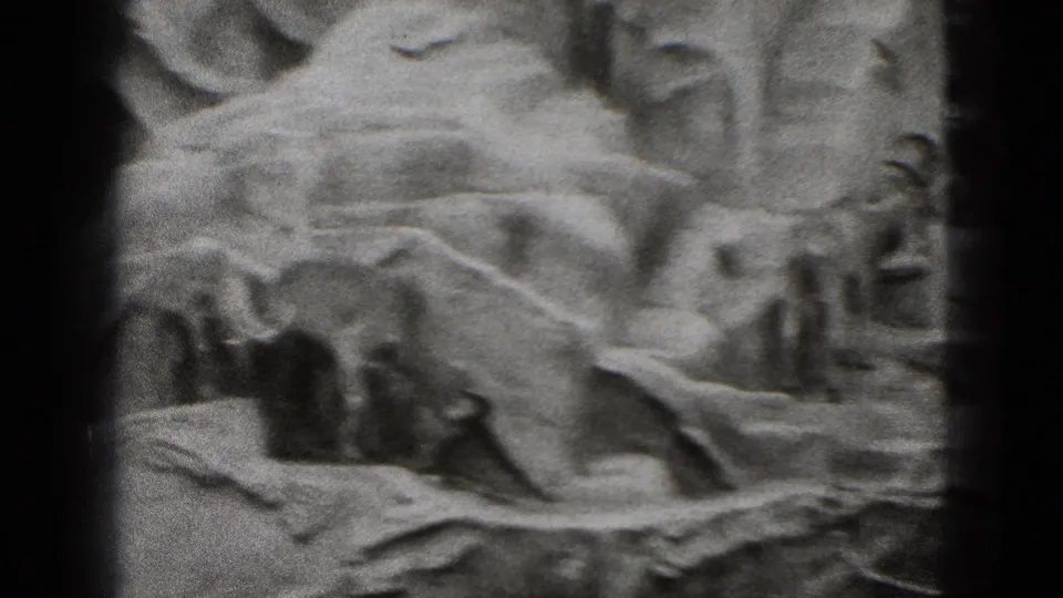 1975 8mm frame from Middletown, Pennsylvania showing goats on an artificial rocky zoo hillside with soft focus and film grain.