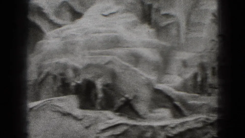 1975 Middletown, Pennsylvania zoo footage showing goats on rocks, with a giraffe-like animal faintly visible behind fencing.