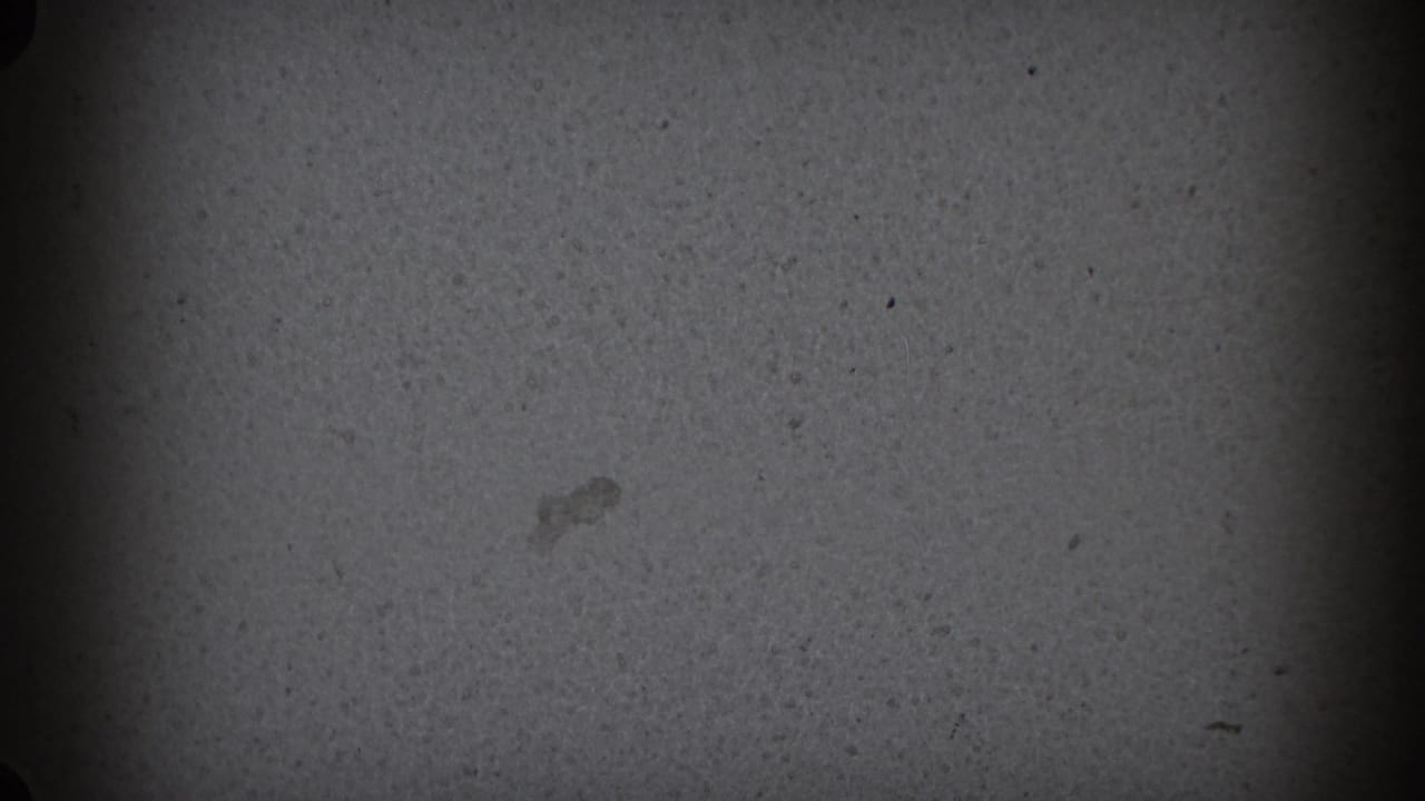Mostly dark frame with a wall surface and heavy film shadowing.