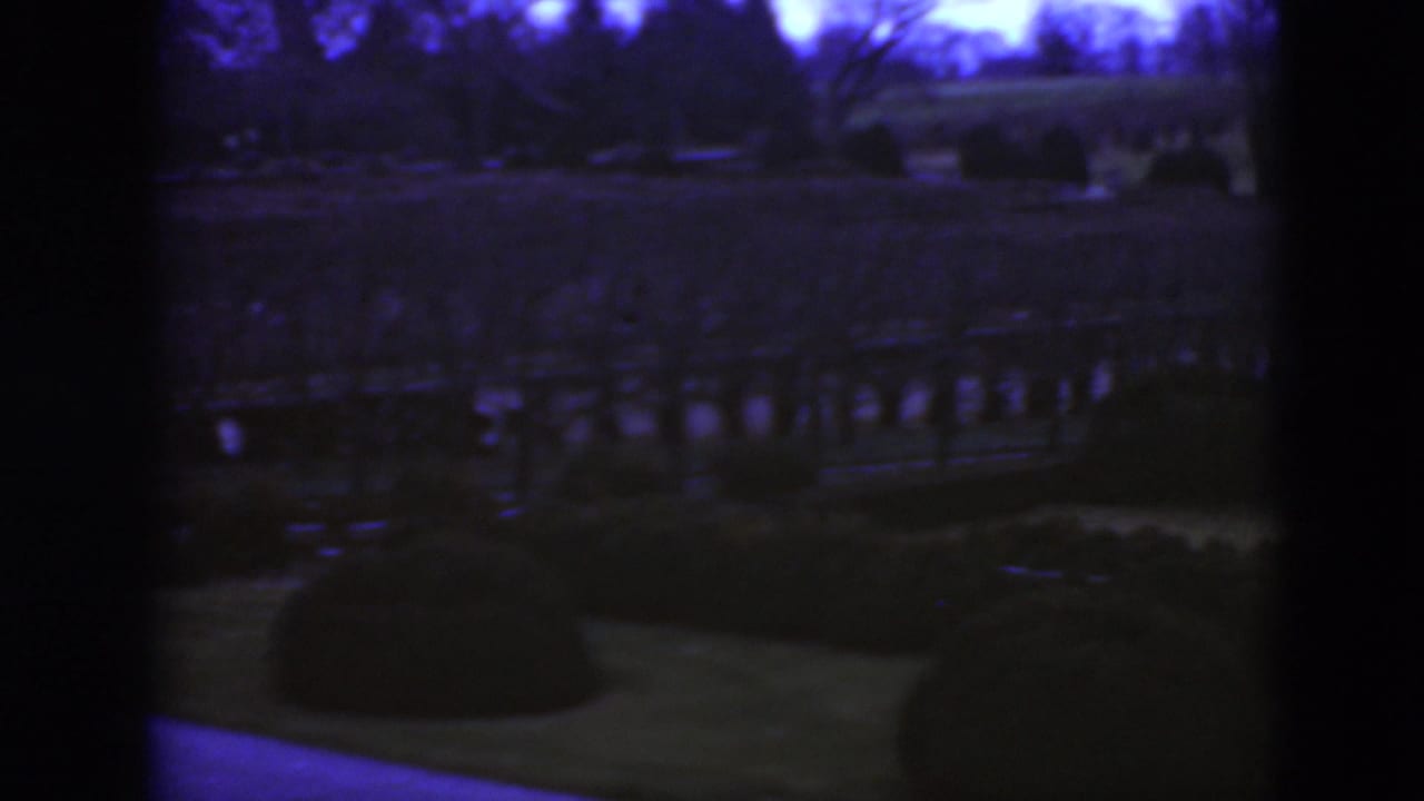 Dim 1975 8mm view of a garden or landscaped exterior in Middletown, Pennsylvania, with trees, railing and dark obstructions in the foreground.