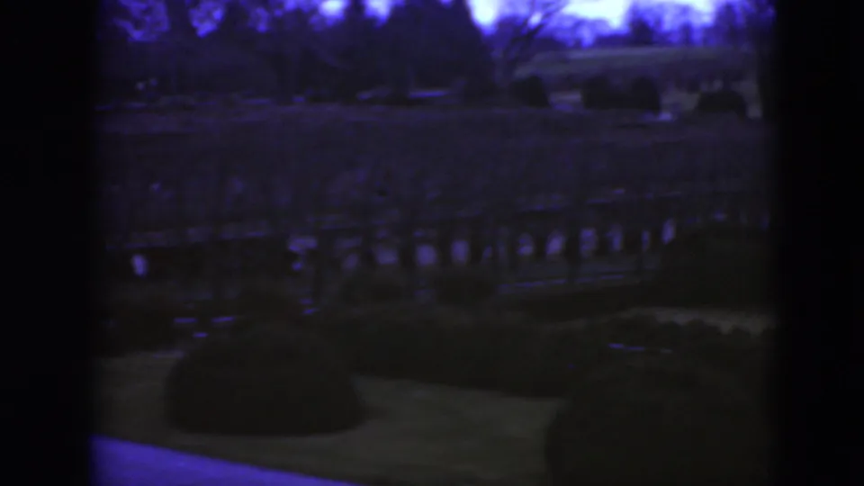 Dim 1975 8mm view of a garden or landscaped exterior in Middletown, Pennsylvania, with trees, railing and dark obstructions in the foreground.