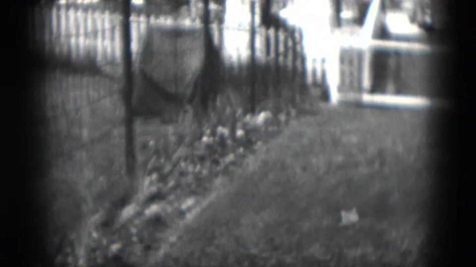 1975 Middletown, Pennsylvania home-movie frame showing a fenced residential yard, shrubs, and neighboring houses in soft focus.