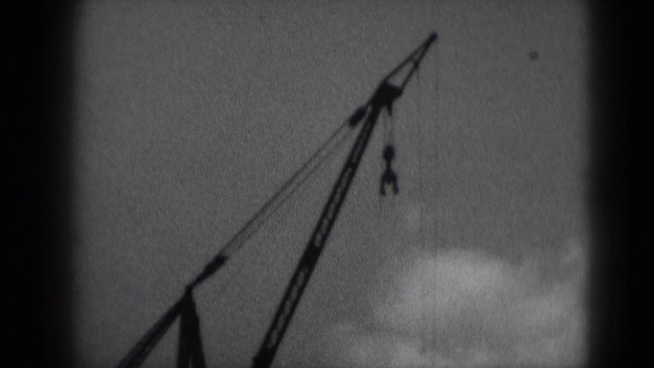 Crane boom and cable silhouetted against sky, with a hook hanging below.