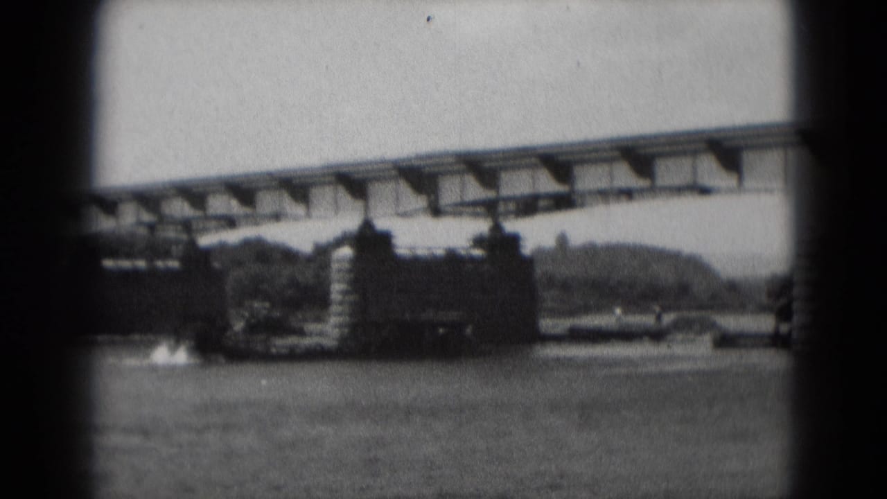Crane and bridge structure over water with a suspended load near the span.