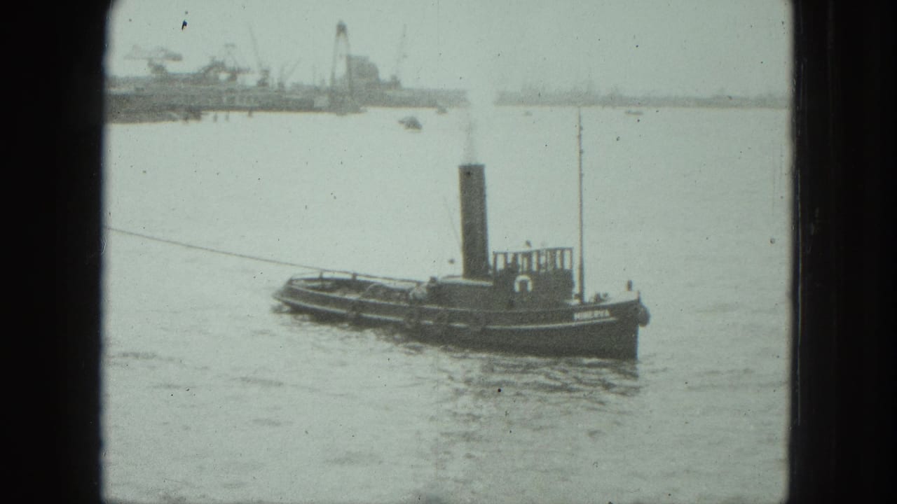 Tugboat in profile on pale water with a distant port and cranes behind it.