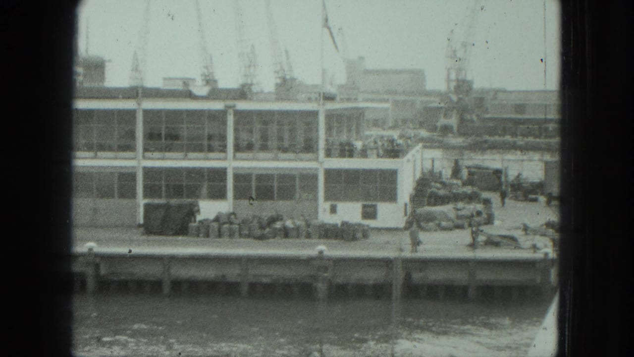 Waterfront building and dock crowd seen through dark window divisions.