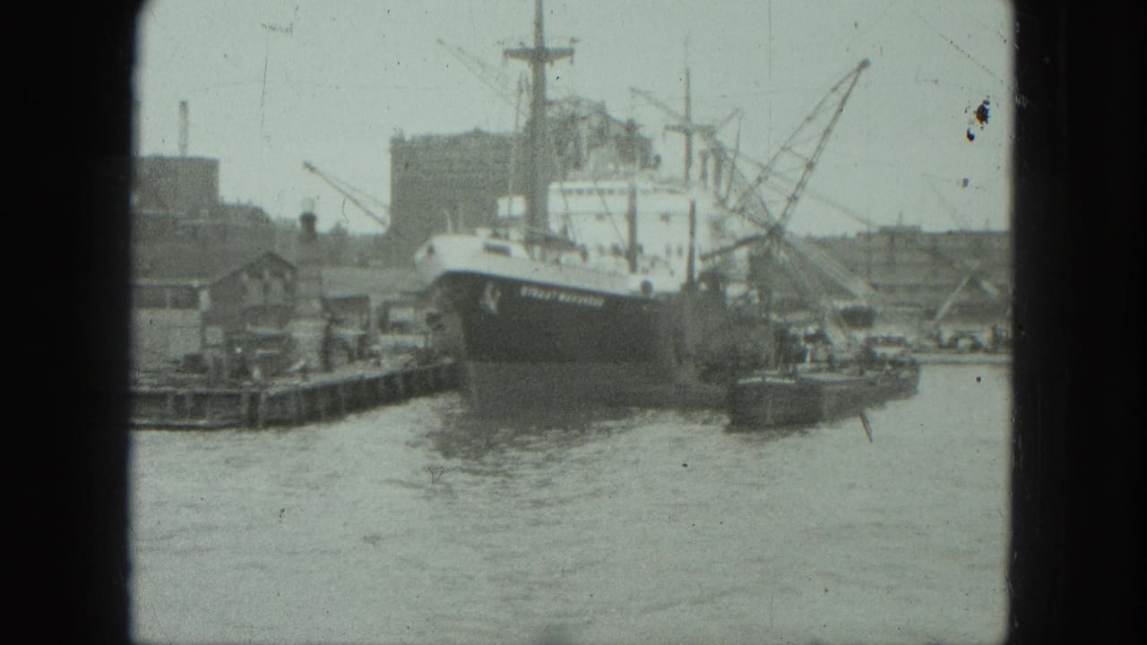 1975 Venice harbor view showing a moored cargo ship, dock structures, cranes, and water in soft 8mm footage.