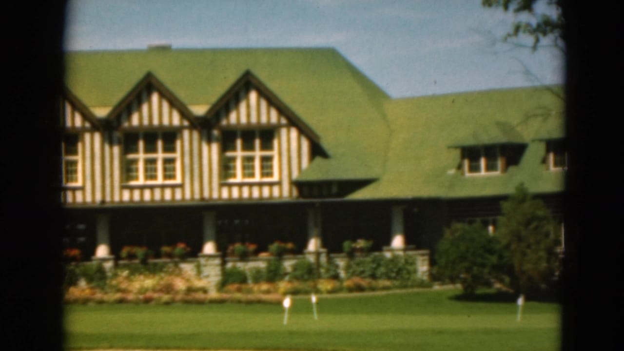 Large Tudor-style house with green roof, striped gables, porch, shrubs, and manicured lawn.