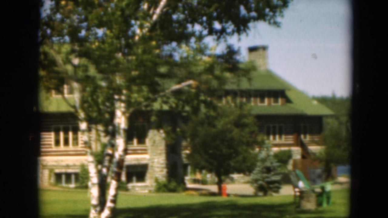 Log lodge with green roof behind a lawn and trees near a lake.
