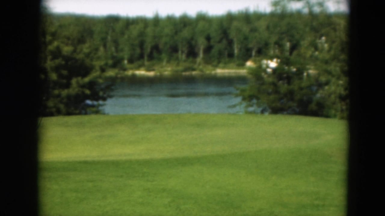 Golf green and lake framed by dark 8mm borders, with trees beyond the water.