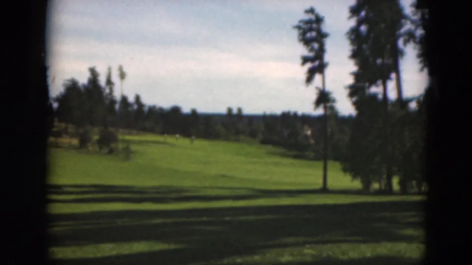 Wide 1975 Duluth, Minnesota fairway view with tall trees at the edge of the course and deep afternoon shadows across the grass.