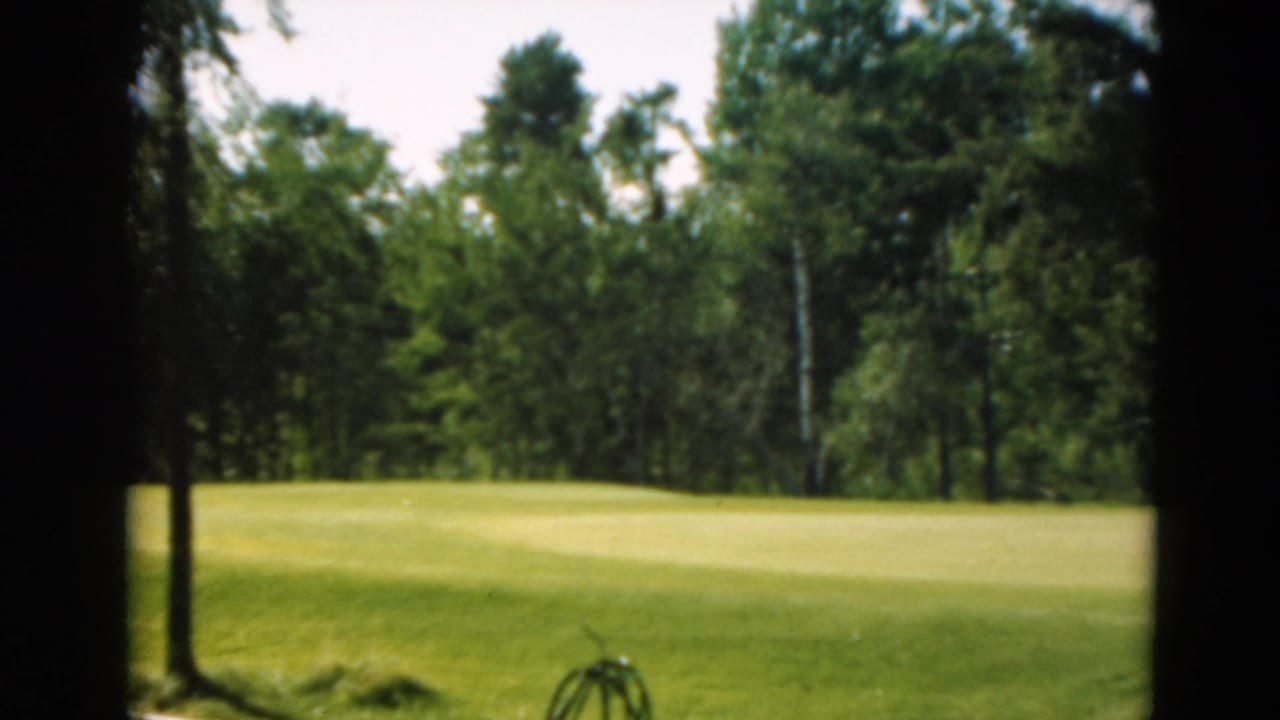 1975 Minnesota home-movie view of a green course or park clearing bordered by dense trees.