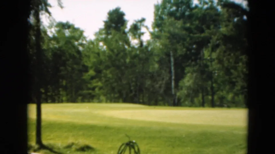 1975 Minnesota home-movie view of a green course or park clearing bordered by dense trees.