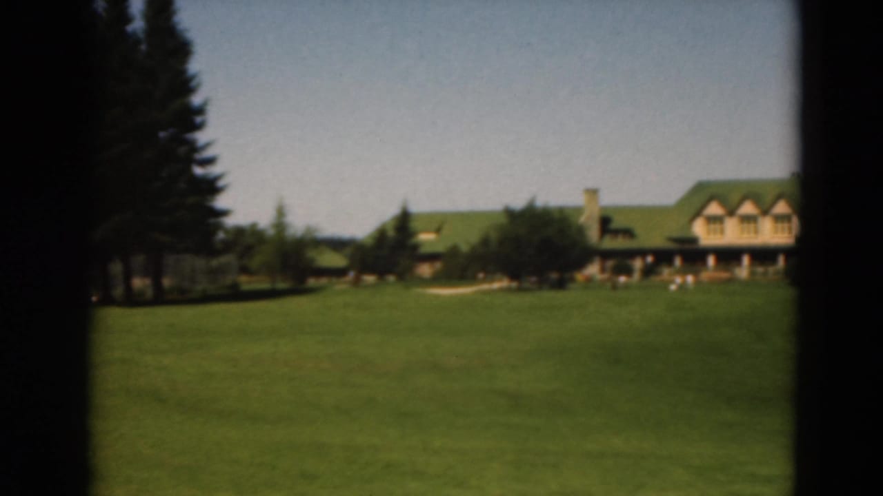 Clubhouse and tall pine trees seen across a sunny golf course lawn.