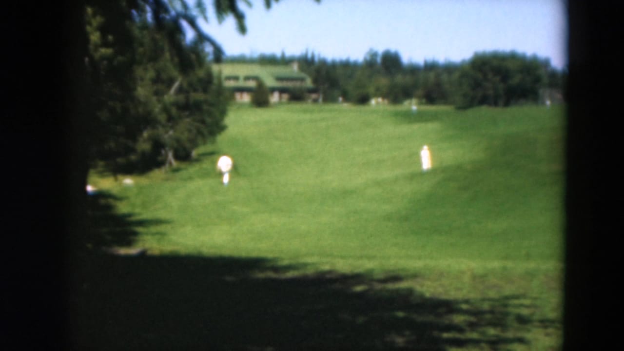 Two light-clothed figures on a sunny green golf fairway framed by dark trees.
