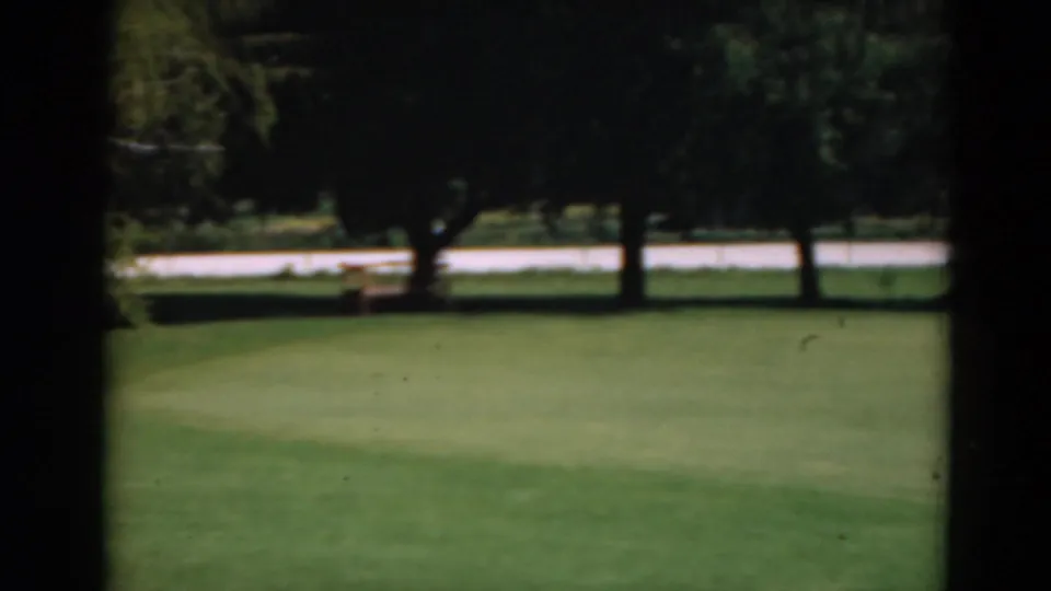 Wide 1975 Duluth home-movie view of a manicured green lawn, mature trees, and a pale path or road behind the grass.
